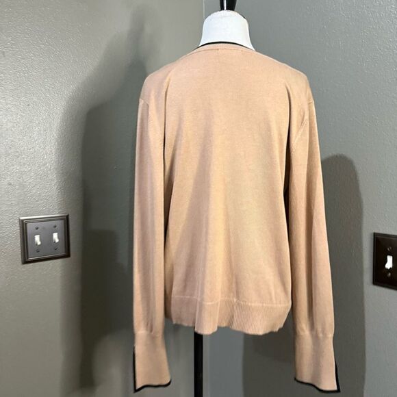 Halogen contrast Trim Sweater Tan Black V-neck Slit Sleeves - Picture 6 of 11